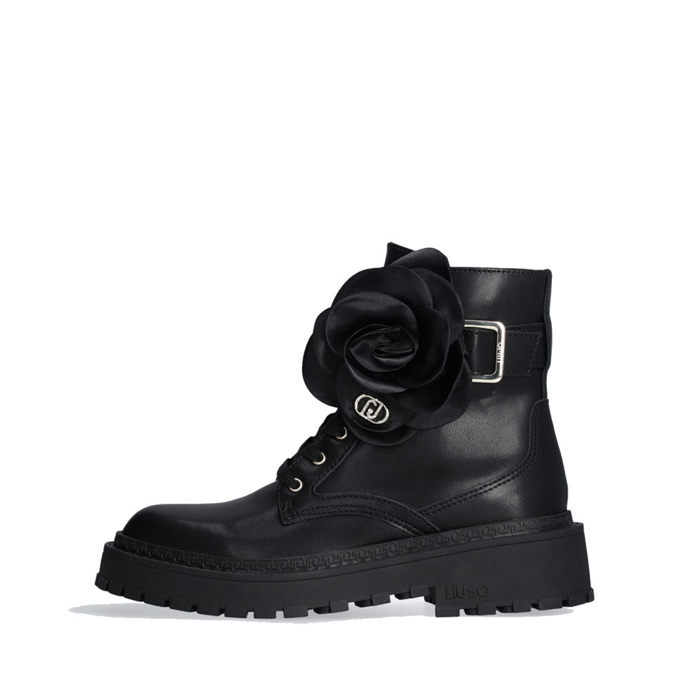 Scarpe Donna LIU JO Rumi 23 Anfibi in Pelle Nera con Fiore