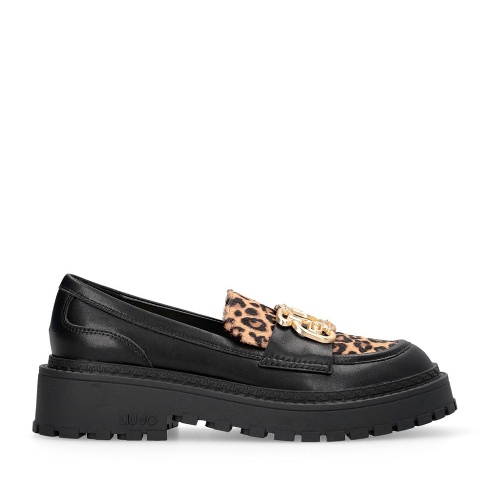 Mocassini Donna LIU JO Rumi 34 in Pelle Nera con Inserto in Cavallino Leopardato
