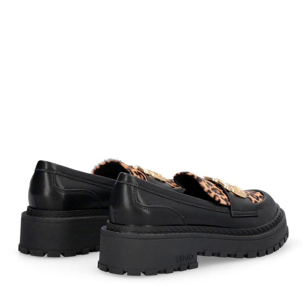Mocassini Donna LIU JO Rumi 34 in Pelle Nera con Inserto in Cavallino Leopardato
