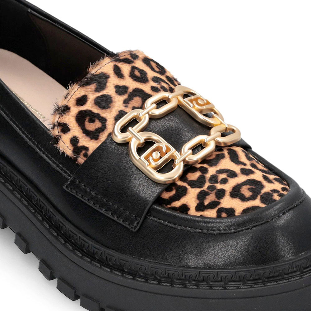 Mocassini Donna LIU JO Rumi 34 in Pelle Nera con Inserto in Cavallino Leopardato