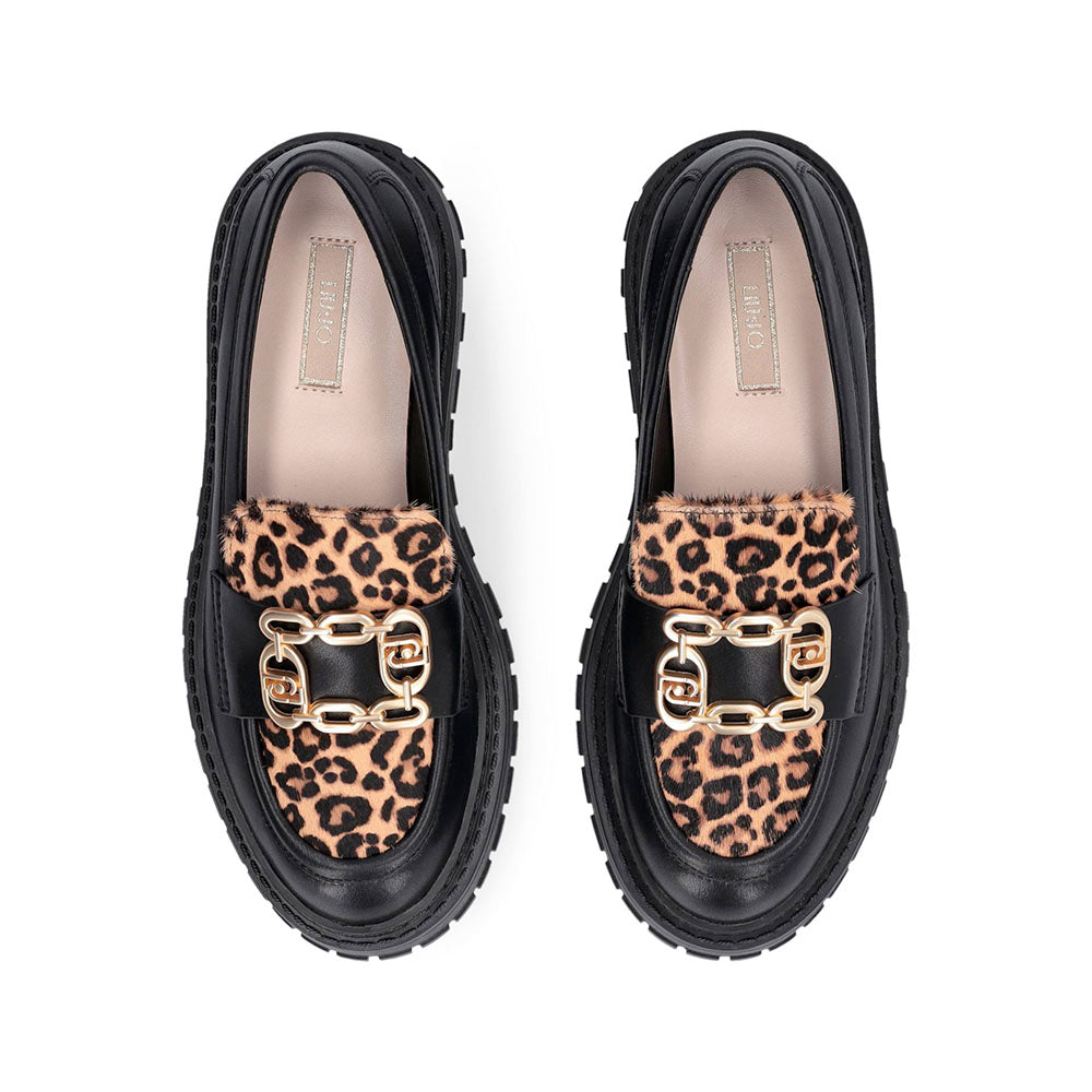 Mocassini Donna LIU JO Rumi 34 in Pelle Nera con Inserto in Cavallino Leopardato