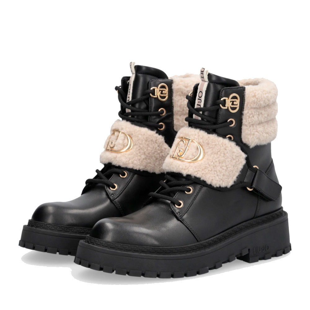 Anfibi Donna LIU JO Rumi 40 in Pelle Nera con Dettagli in Eco Fur