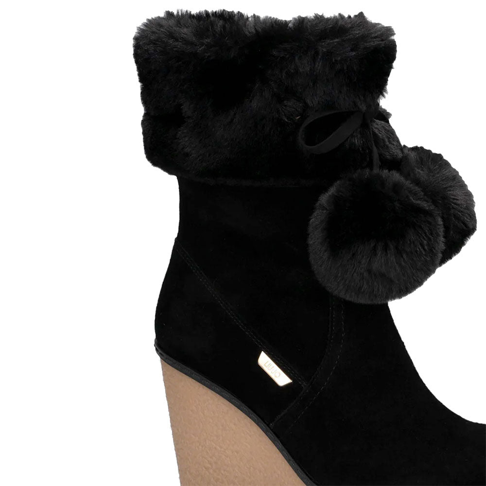 Stivali Donna Imbottiti con Zeppa LIU JO Rania 01 in Suede Nero con Pon Pon