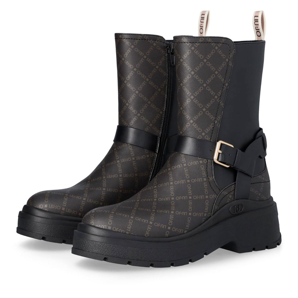 Stivaletti Donna LIU JO Andrea 03 stampa Saffiano Nera con Inserti Monogram Marrone