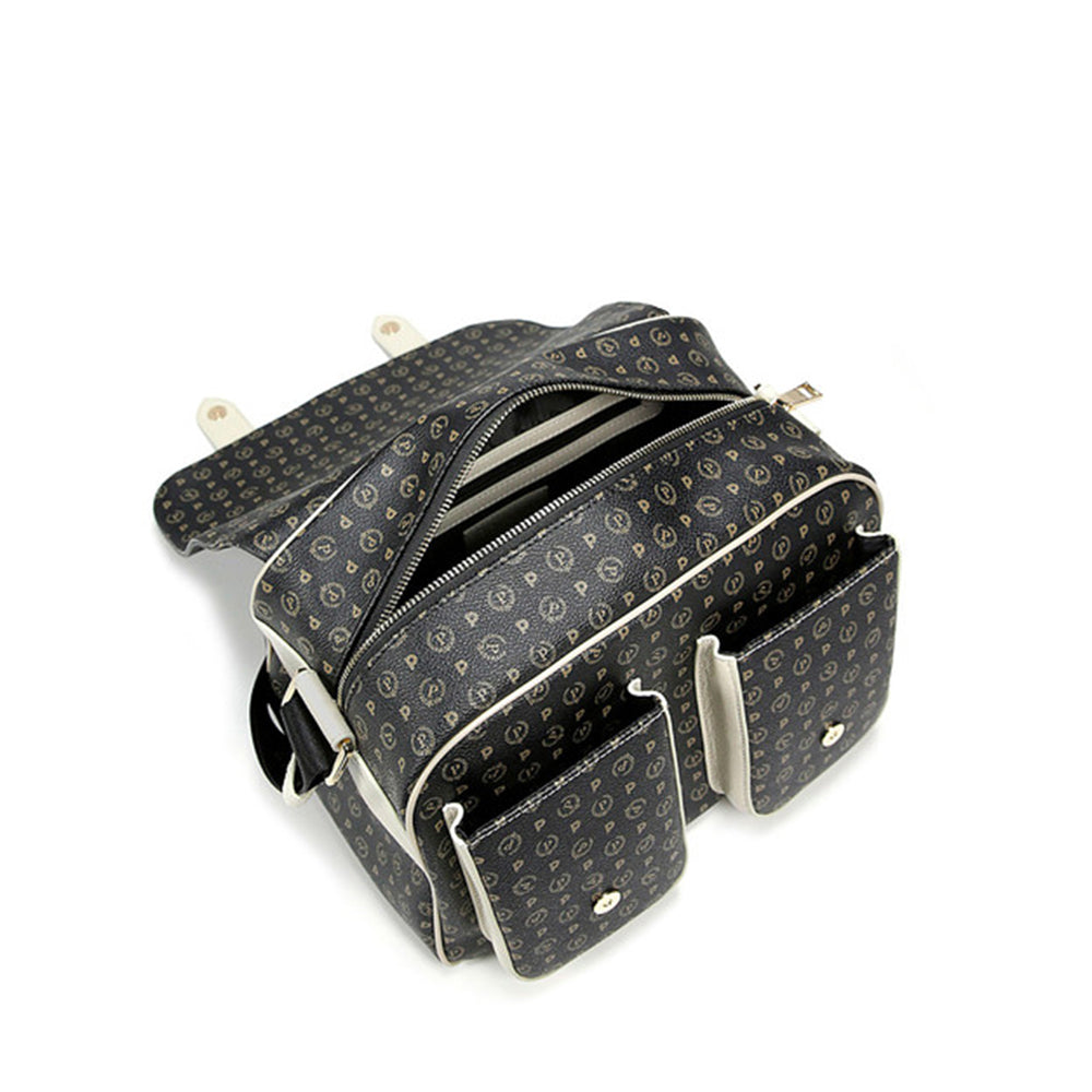 Borsa Donna Messenger Multitasche POLLINI Linea Heritage Logo Classic Nero e Avorio