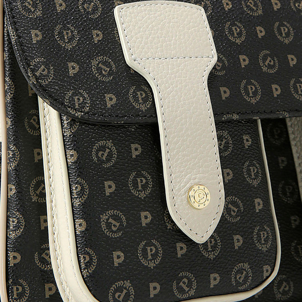 Borsa Donna Messenger Multitasche POLLINI Linea Heritage Logo Classic Nero e Avorio