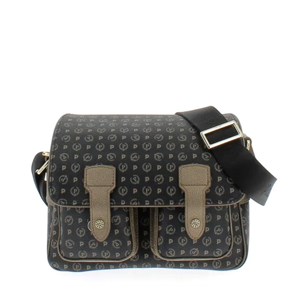 Borsa Donna Messenger Multitasche POLLINI Linea Heritage Logo Classic Nero e Bronzo