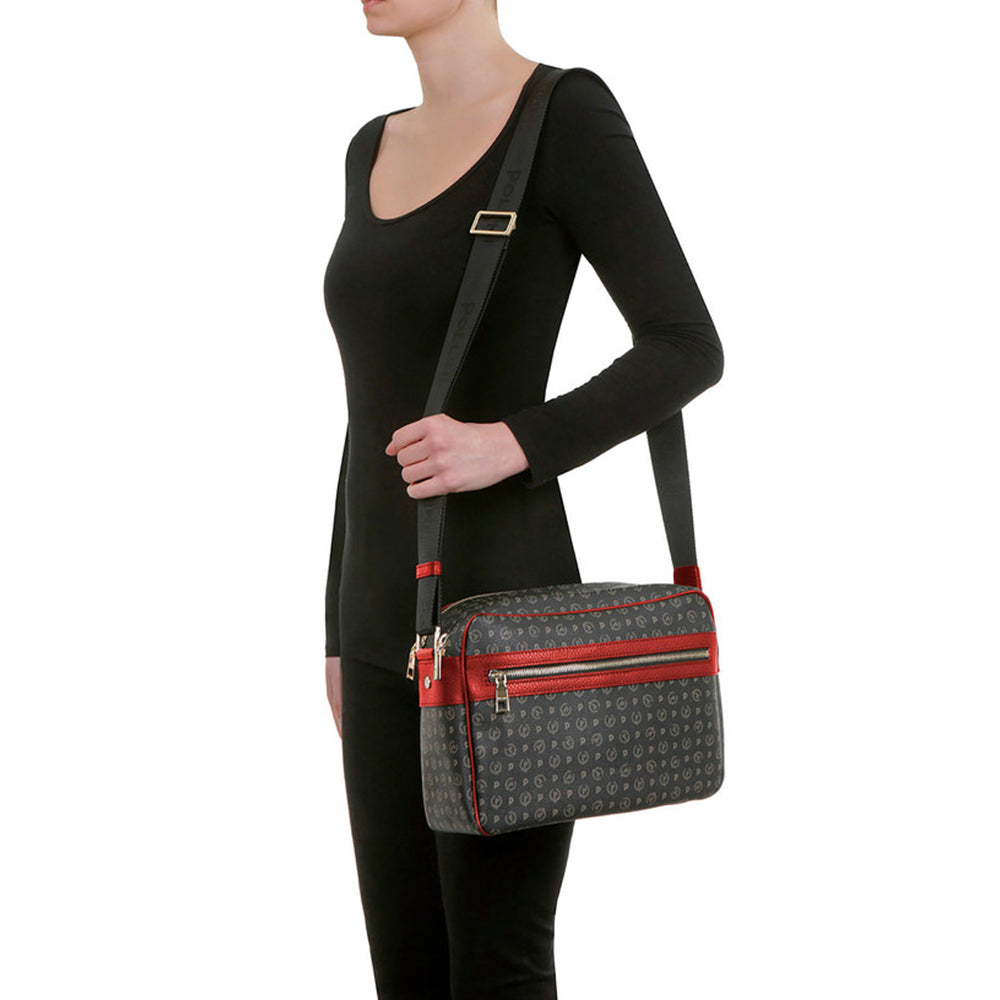 Borsa Donna Messenger POLLINI Linea Heritage Logo Classic colore Nero e Rosso Lacca