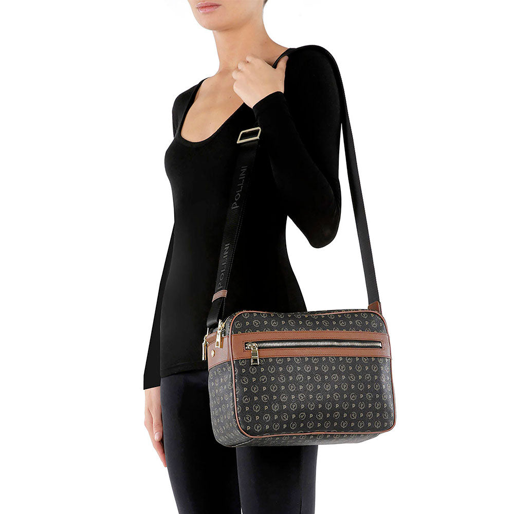Borsa Donna Messenger POLLINI Linea Heritage Logo Classic Nero e Marrone
