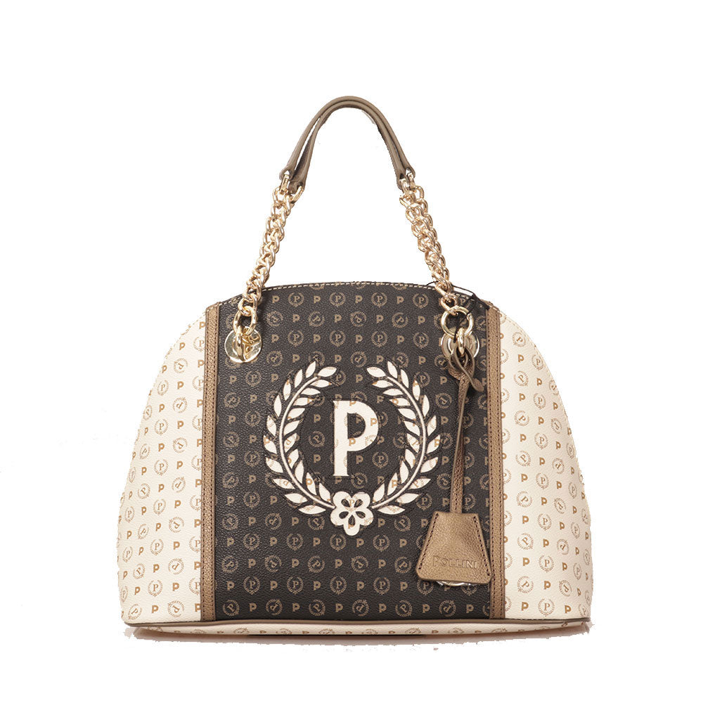 Damenhandtasche POLLINI Heritage Line Logo Elfenbeinschwarz und Bronze