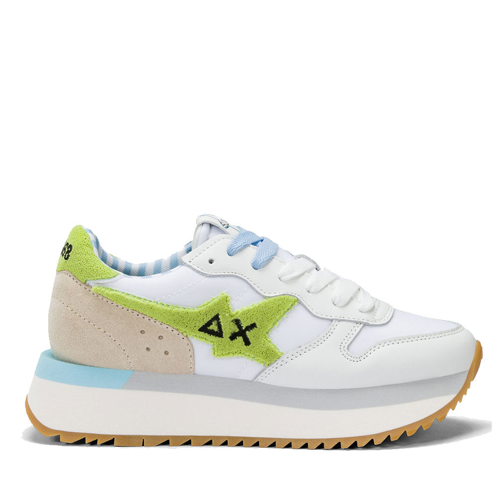 Scarpe Donna Sun68 Sneakers Big Stargirl Sponge in Pelle e Nylon Bianco e Giallo Lime - Z35215