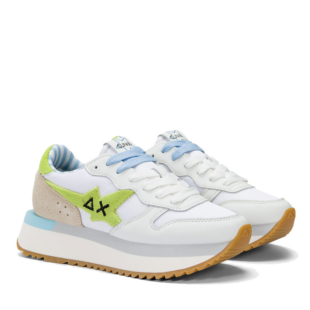 Scarpe Donna Sun68 Sneakers Big Stargirl Sponge in Pelle e Nylon Bianco e Giallo Lime - Z35215
