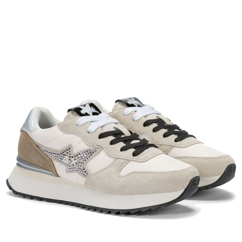 Scarpe Donna Sun68 Sneakers Strass Logo Colore Bianco Panna - Z46223