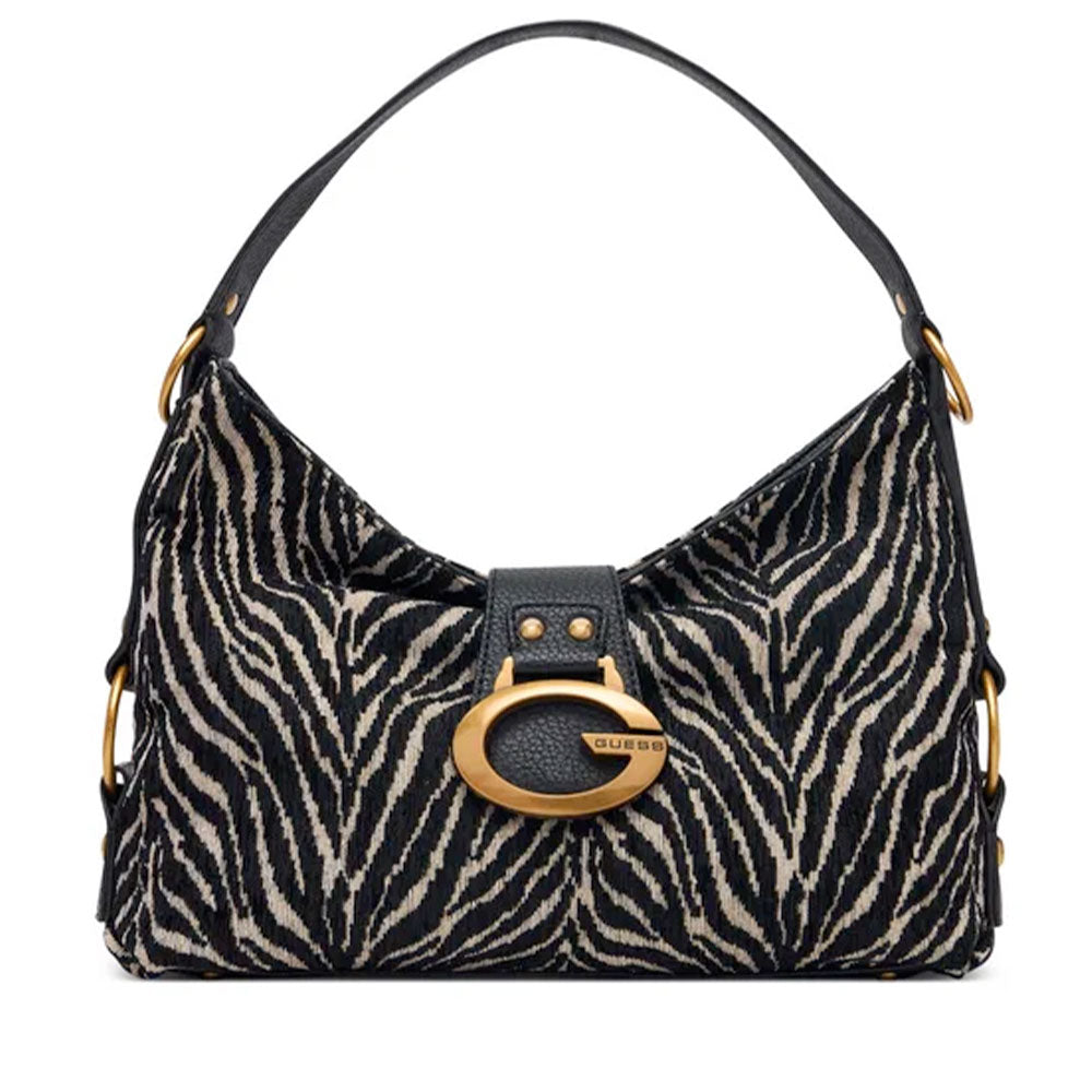 Borsa Donna Hobo a Spalla GUESS Linea Camden Colore Nero Stampa Animalier Zebrato