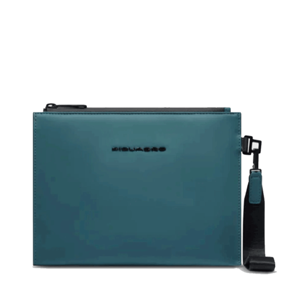 PIQUADRO Clutch aus blaugrünem gummiertem Stoff, Linie Corner 2.0, kleine Größe – AC6837C2OW