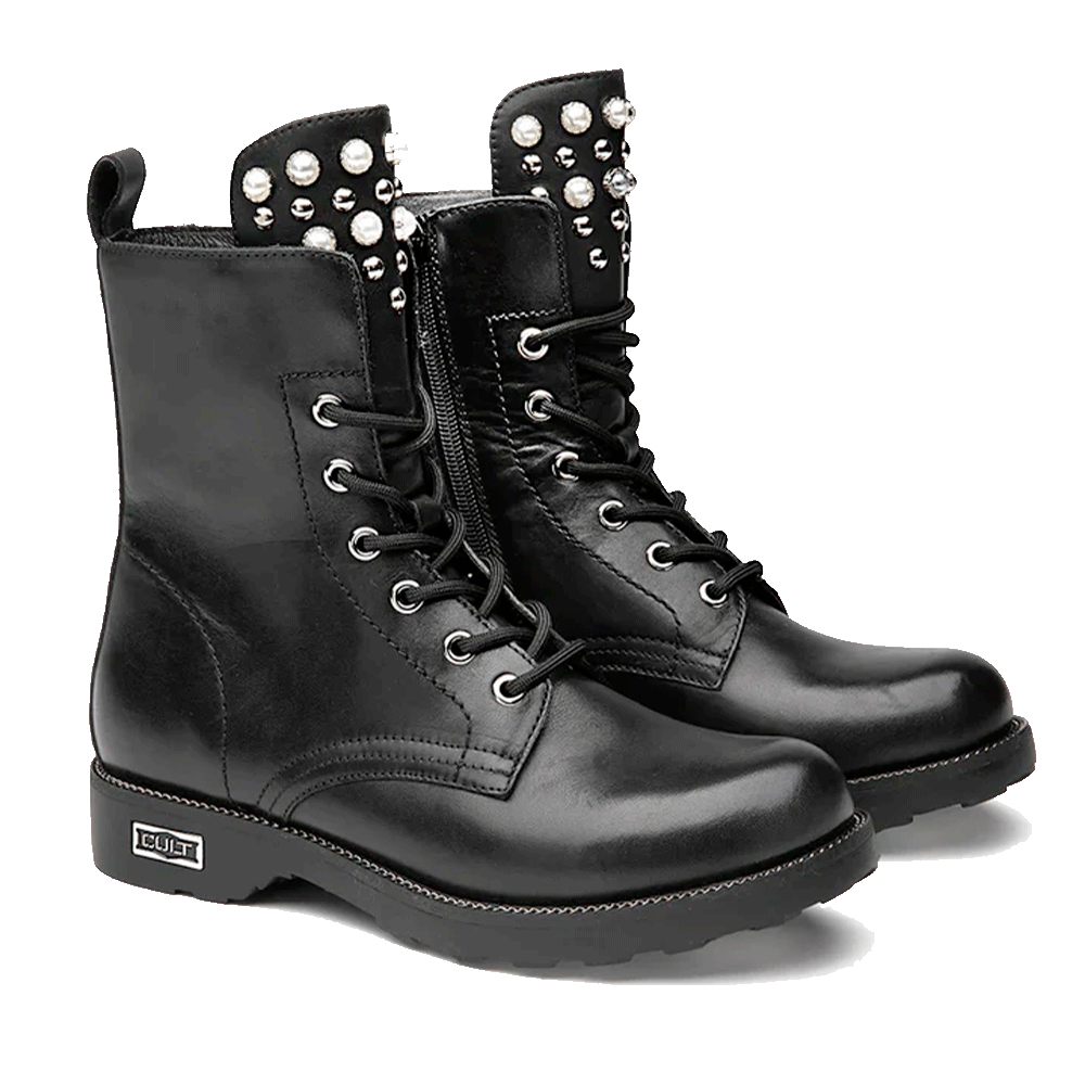 Scarpe Donna CULT Anfibi Zeppelin 4597 in Pelle Nera con Applicazioni Gioiello