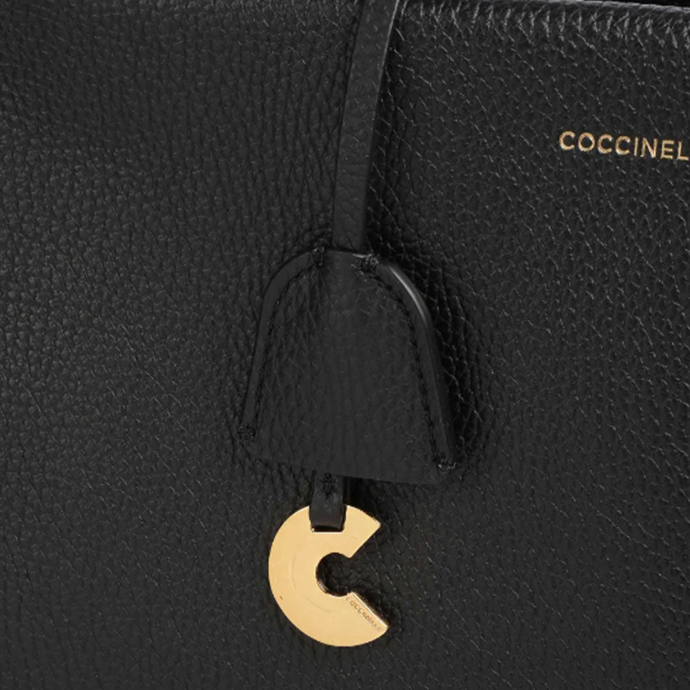 COCCINELLE Damenhandtasche mit Schultergurt aus blauem weichem Leder, schwarze Farbe