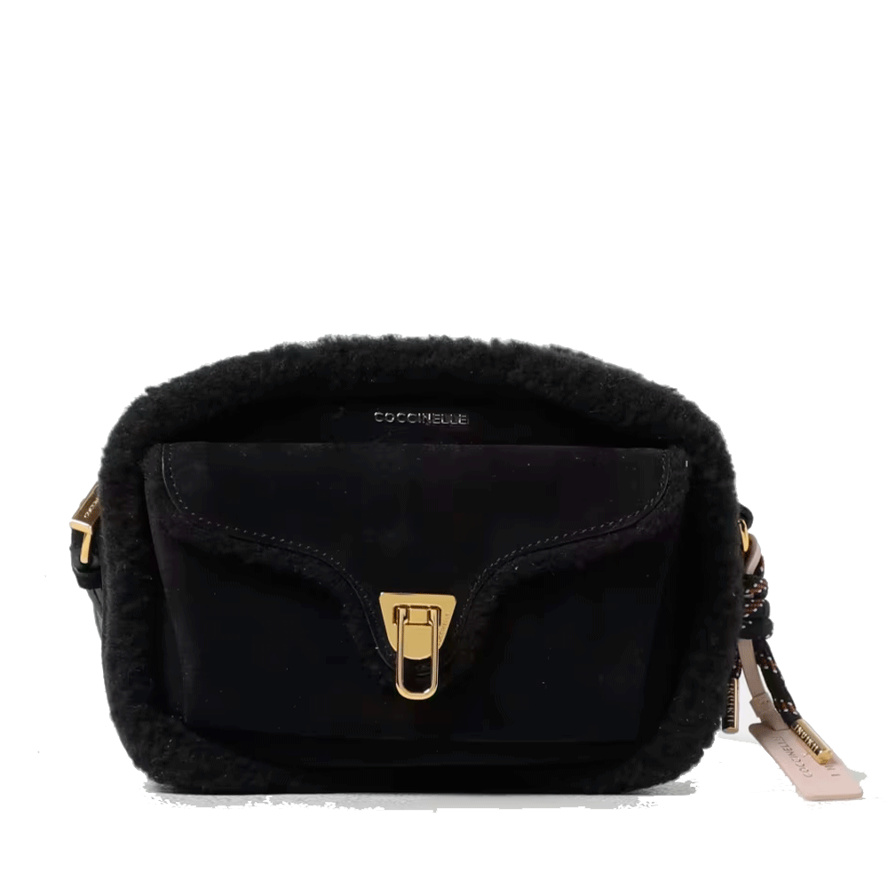 Borsa Donna a Tracolla COCCINELLE in Suede Colore Nero linea Beat Eco Shearling Misura Small