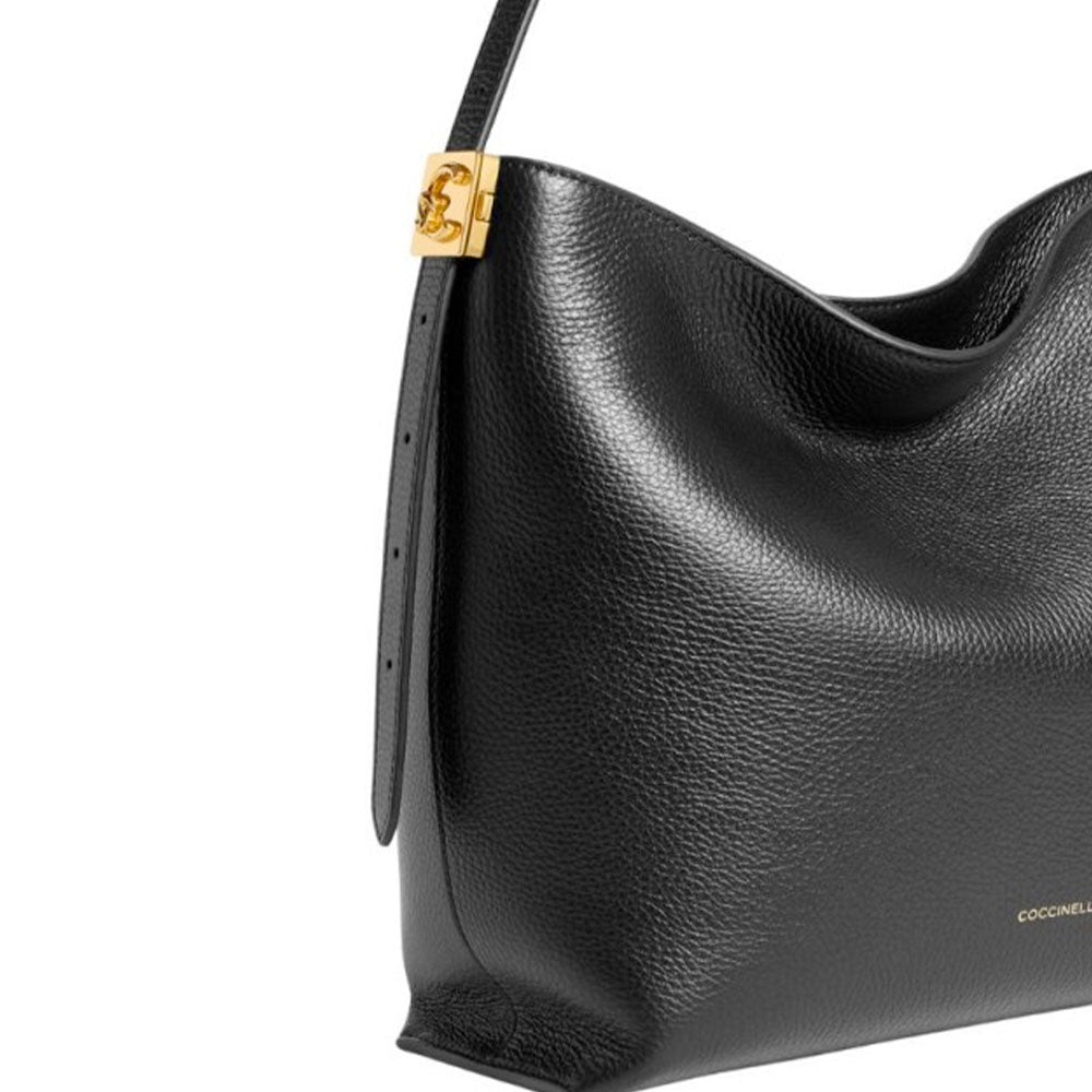 Women's Black Grained Leather Hobo Shoulder Bag COCCINELLE C-Me