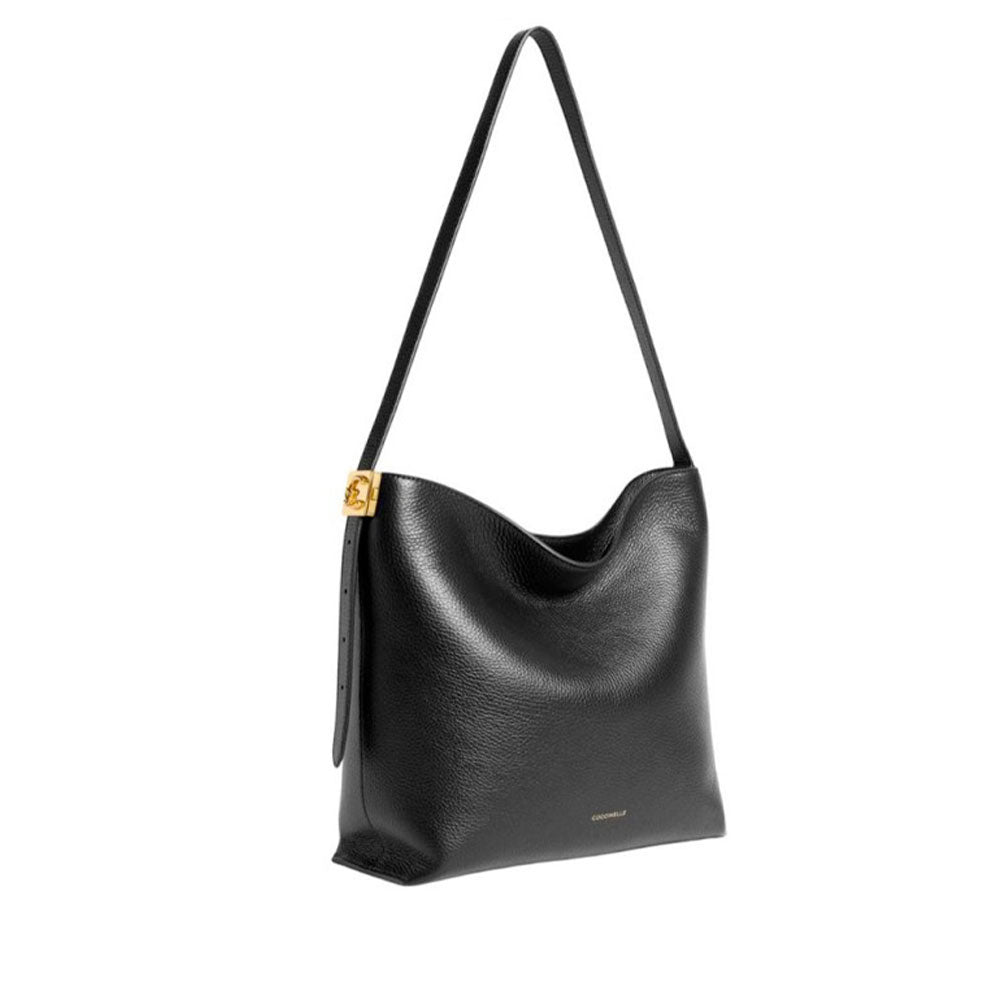 Women's Black Grained Leather Hobo Shoulder Bag COCCINELLE C-Me