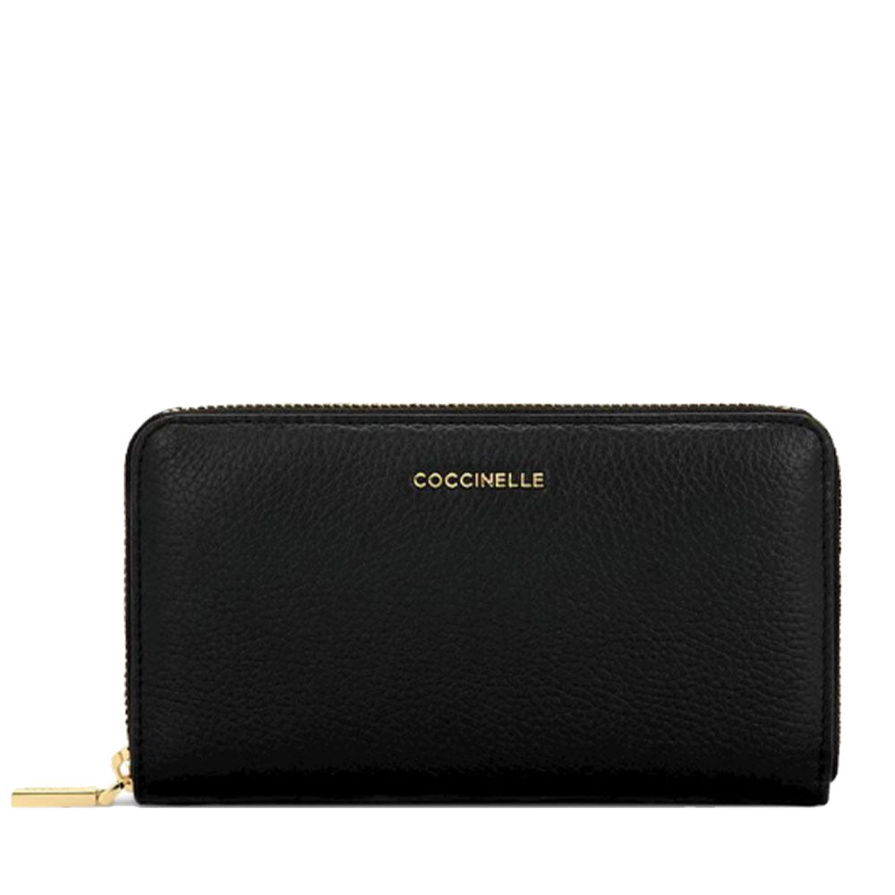 COCCINELLE Damen Zip Around Geldbörse aus schwarzem Leder Metallic Soft Line