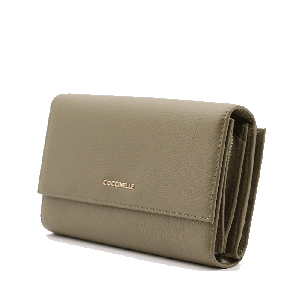 Portafoglio Grande COCCINELLE in Pelle Martellata Linea Metallic Soft colore Laurel Green