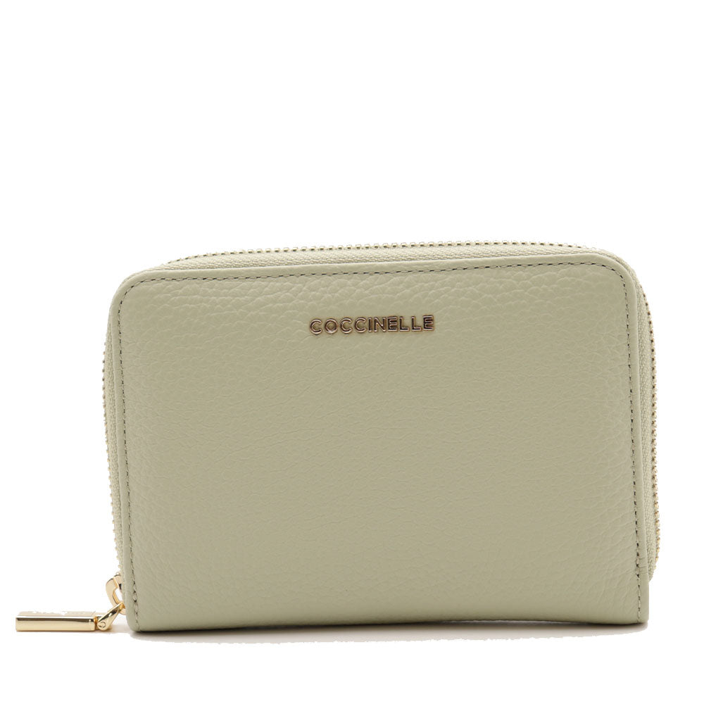 Portafoglio Piccolo COCCINELLE in Pelle Linea Metallic Soft colore Celadon Green Chiuso con Zip