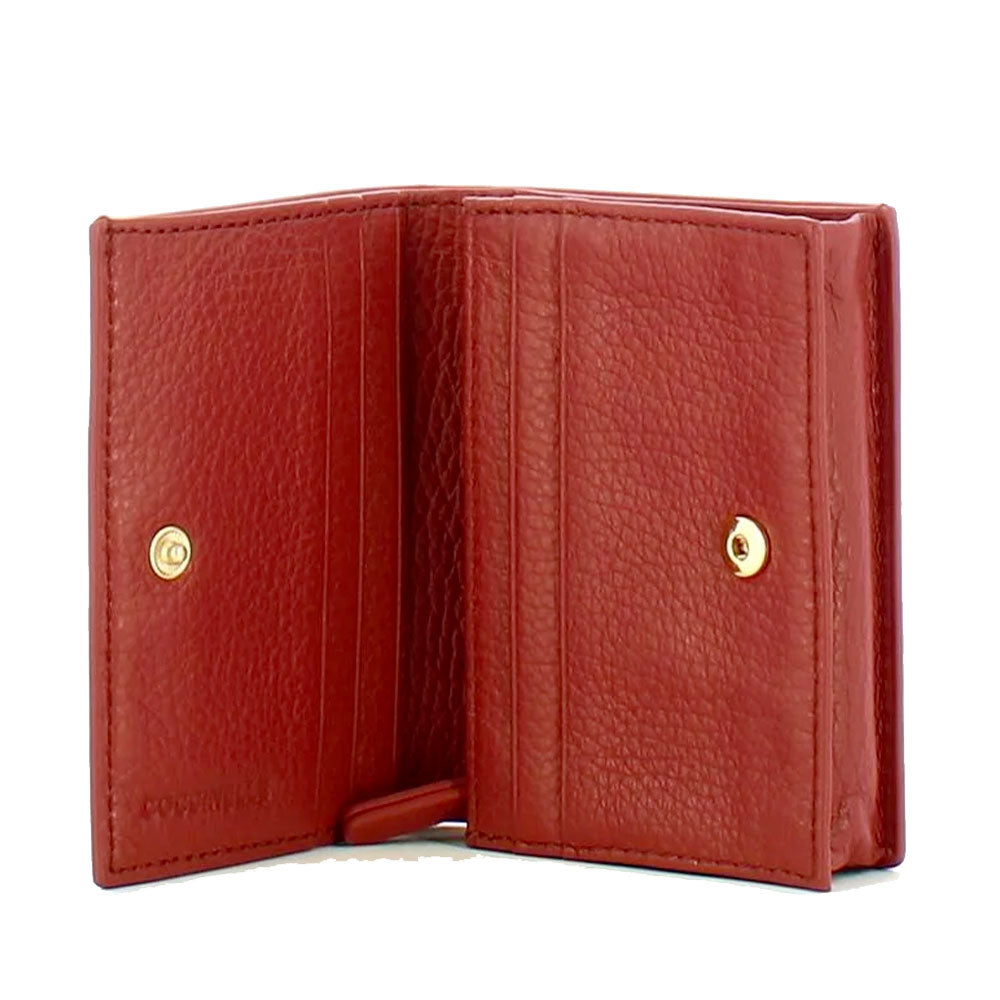 Women's Brandy Leather Mini Wallet COCCINELLE Metallic Soft with Button Closure