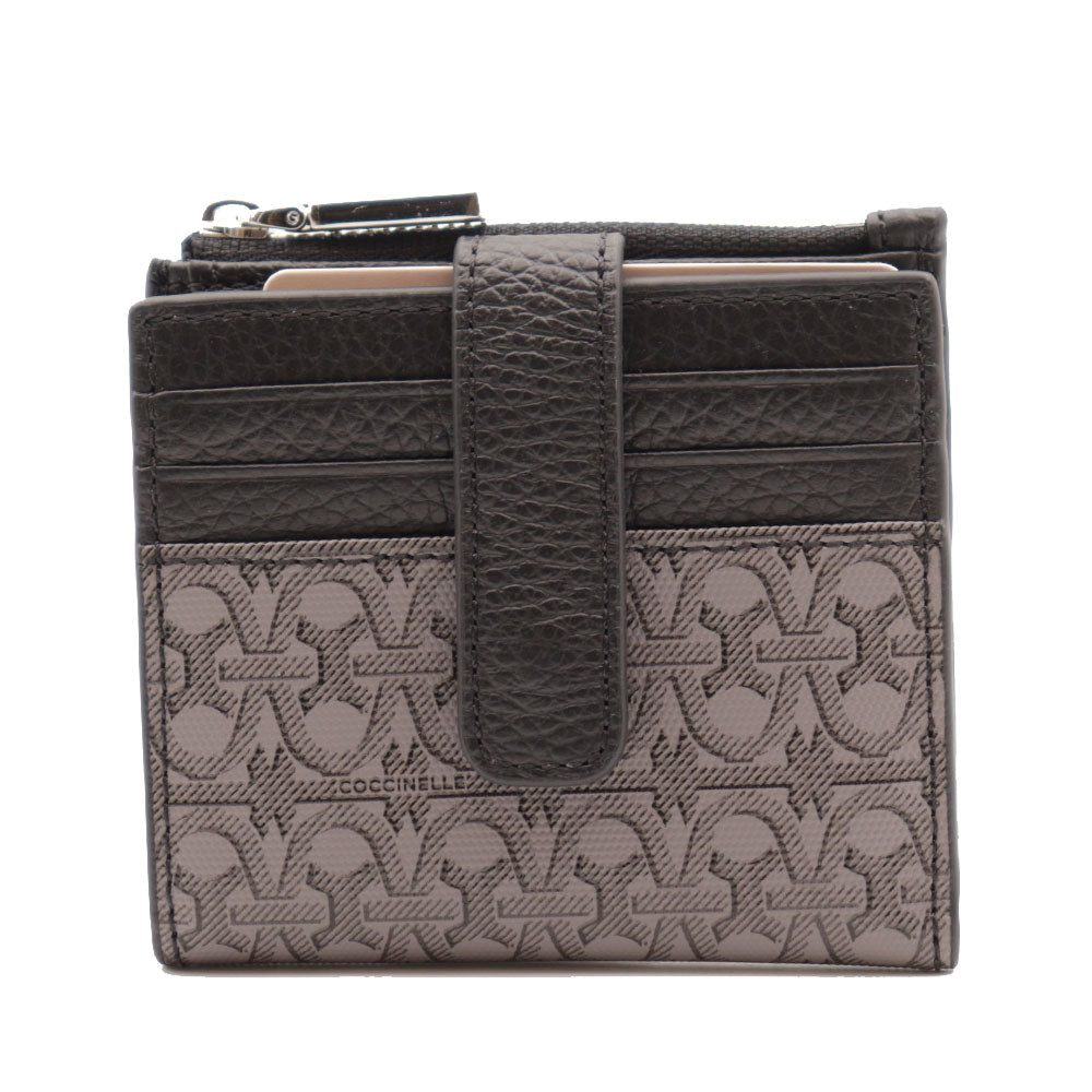 Portafoglio Mini Donna COCCINELLE in Pelle Nera Multi Linea Metallic Coated Monogram