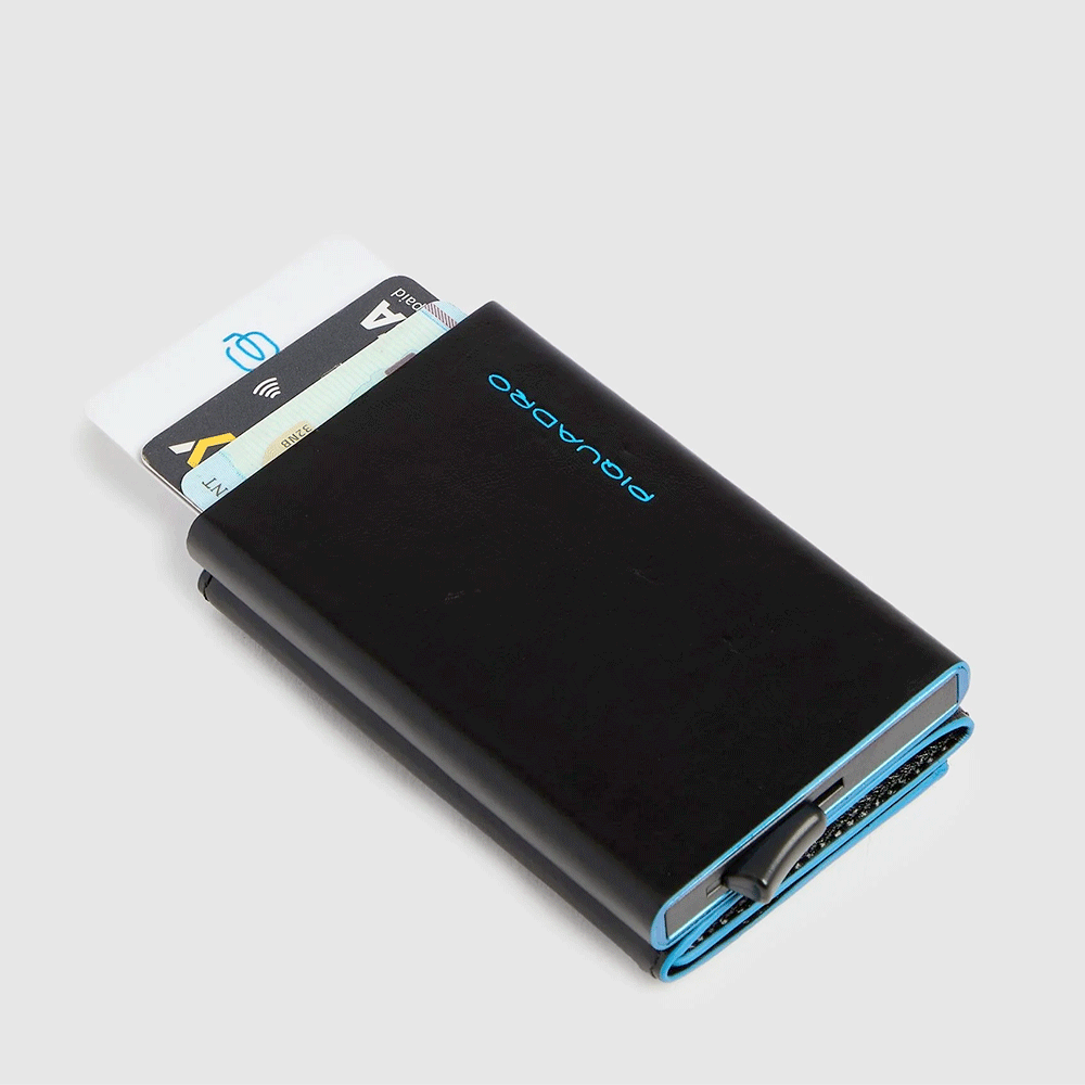 Portacarte PIQUADRO in Pelle e Alluminio con RFID Colore Nero Linea Blue Square - PP5585B2BLR