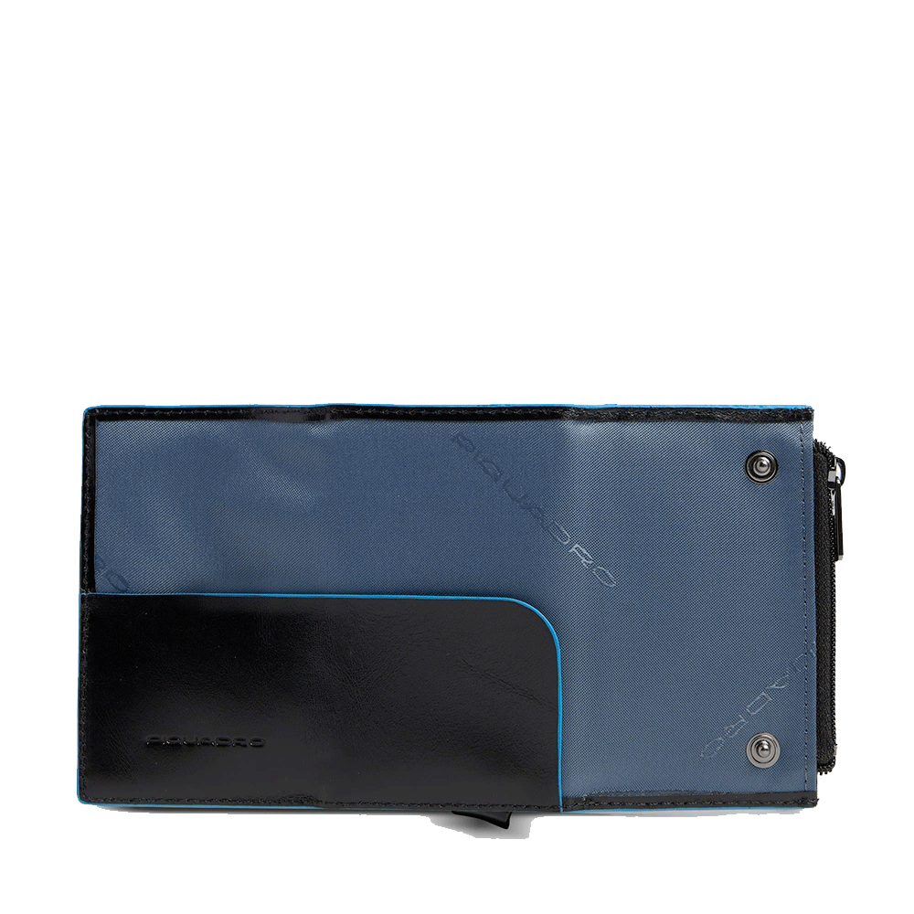 Portacarte PIQUADRO in Pelle e Alluminio con RFID Colore Nero Linea Blue Square - PP5585B2BLR
