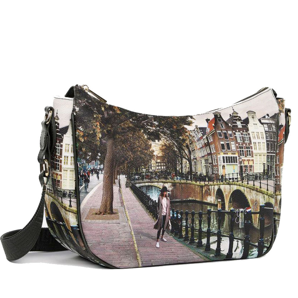 Borsa Donna Hobo Bag a Tracolla Y NOT YES-628 Stampa Amsterdam Bridge