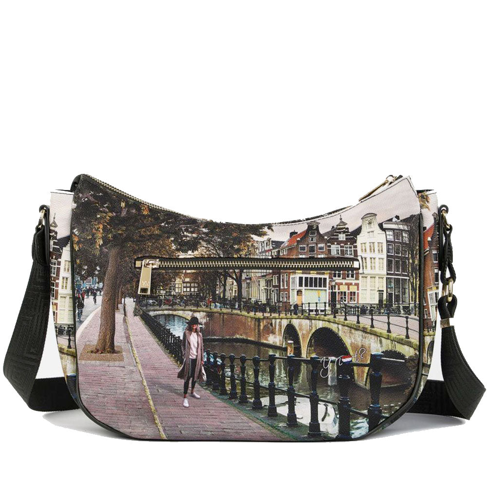 Borsa Donna Hobo Bag a Tracolla Y NOT YES-628 Stampa Amsterdam Bridge