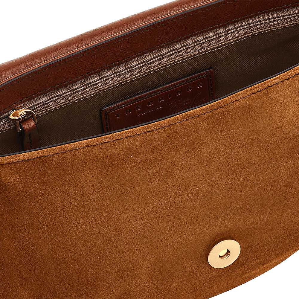 THE BRIDGE Damen-Umhängetasche, mittelgroß, Amelia-Linie, aus cognacfarbenem Wildleder und braunem Leder