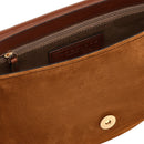 THE BRIDGE Damen-Umhängetasche, mittelgroß, Amelia-Linie, aus cognacfarbenem Wildleder und braunem Leder