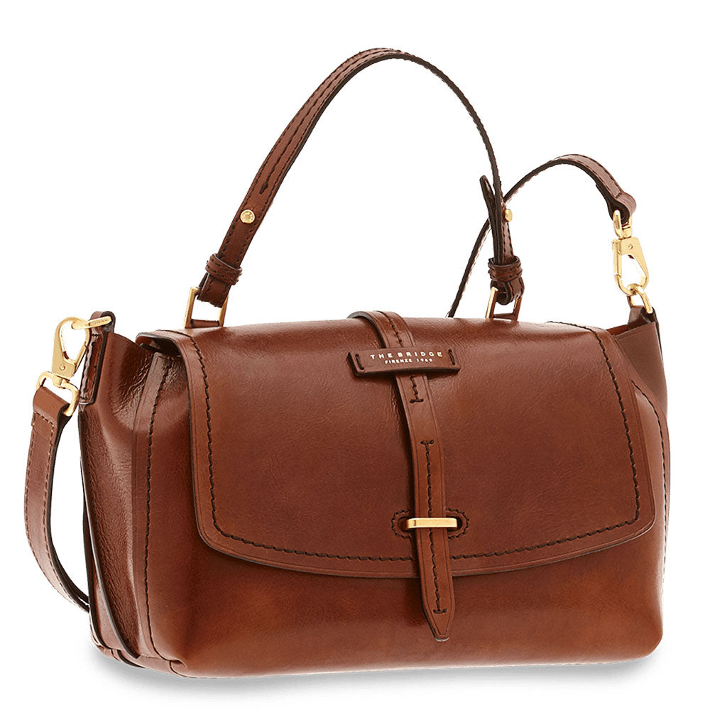 Mittlere Doppelfunktions-Damenhandtasche mit Schultergurt THE BRIDGE aus braunem Leder der Dalston-Linie