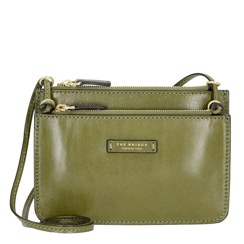 THE BRIDGE Damen-Umhängetasche mit zwei Fächern, Rustici-Linie, aus feigengrünem Leder