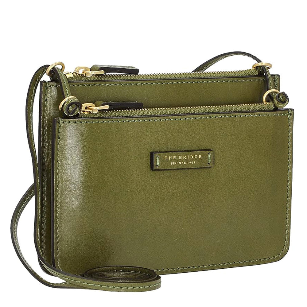 THE BRIDGE Damen-Umhängetasche mit zwei Fächern, Rustici-Linie, aus feigengrünem Leder