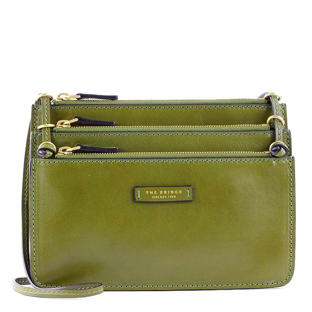 THE BRIDGE Damen-Umhängetasche mit drei Fächern, Linie Rustici, aus feigengrünem Leder