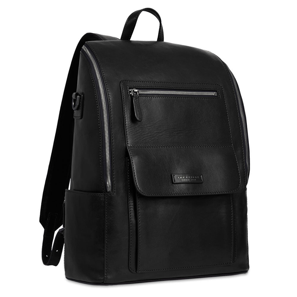 Herrenrucksack mit Reißverschluss THE BRIDGE Alberto-Linie aus schwarzem Leder