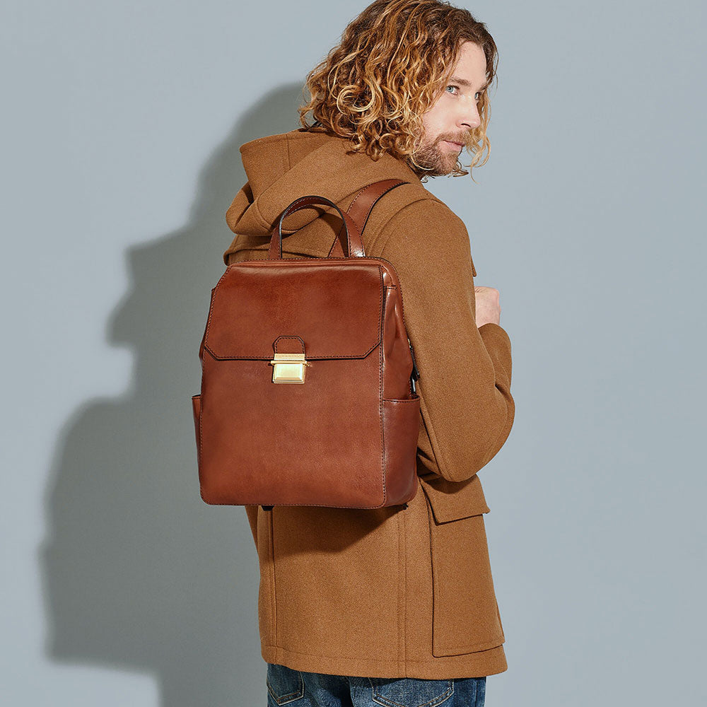 THE BRIDGE Herrenrucksack mit Klappe aus braunem Leder der Dante-Linie
