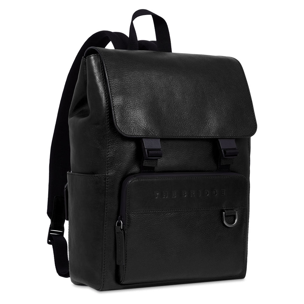Herrenrucksack mit Klappe THE BRIDGE Damiano-Linie aus schwarzem Leder