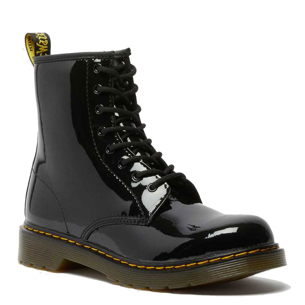 DR-Schuhe. MARTENS 1460 Y Patent Lamper-Linienstiefel aus schwarzem Lackleder