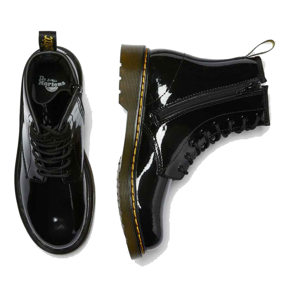 DR-Schuhe. MARTENS 1460 Y Patent Lamper-Linienstiefel aus schwarzem Lackleder