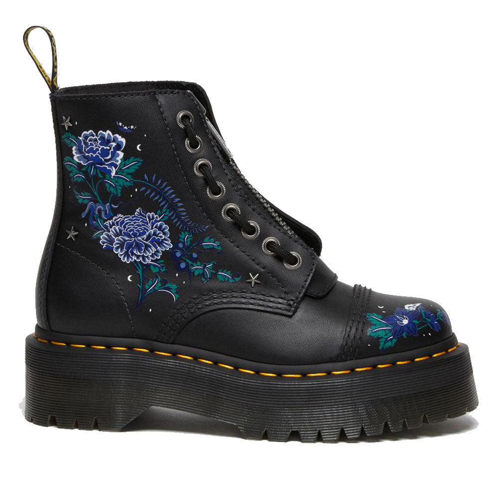 DR. Damenschuhe MARTENS Sinclair-Linie Plateaustiefel aus schwarzem Leder mit mystischem Blumenmuster