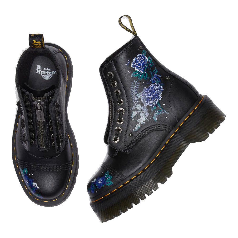 DR. Damenschuhe MARTENS Sinclair-Linie Plateaustiefel aus schwarzem Leder mit mystischem Blumenmuster