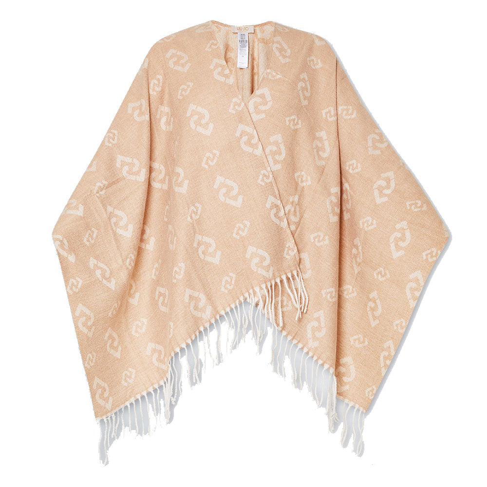 LIU JO Damen-Poncho aus gebürstetem Stoff mit kamelfarbenem Allover-Jacquard-Logo