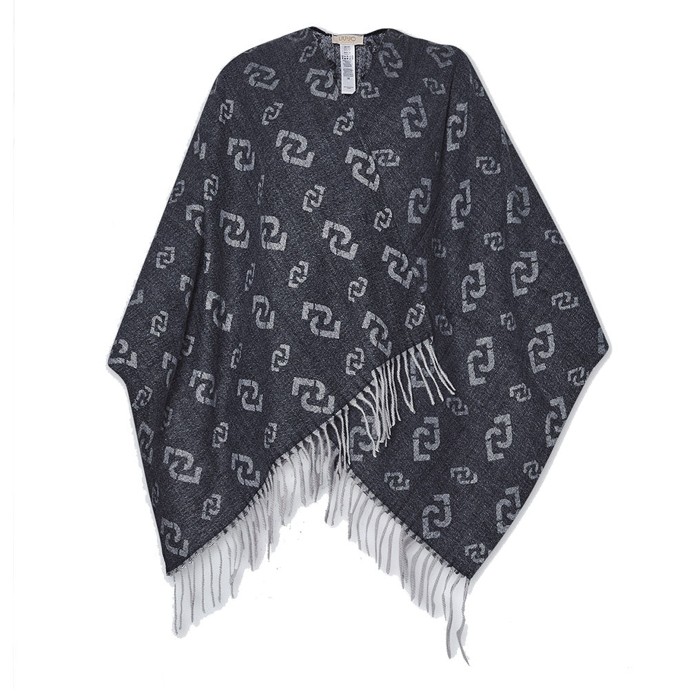 LIU JO Damen-Poncho aus gebürstetem Stoff mit durchgehend schwarzem Jacquard-Logo