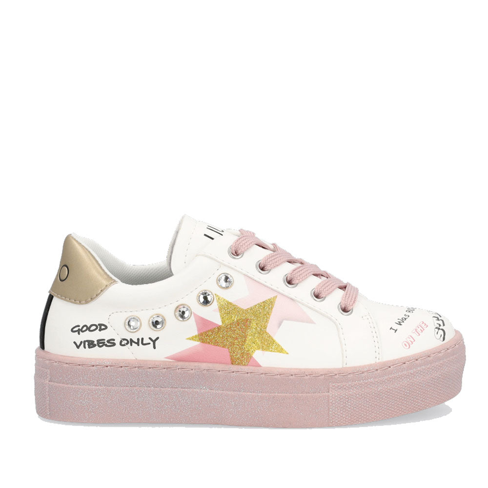 LIU JO Junior Schuhe Alicia Chic Linie 302 Sneakers mit Glitzer und Schmucksteinen, Farbe Weiß