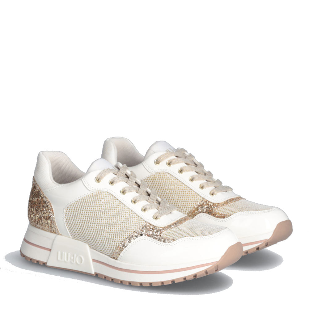 Scarpe LIU JO Kiss 636 Sneakers Platform in Mesh Bianco con Glitter Oro a sconto Cuoieriashop